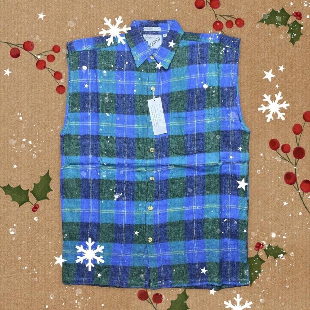 Vintage 90s GOOUCH‎ sleeveless button down plaid flannel-like shirt LARGE